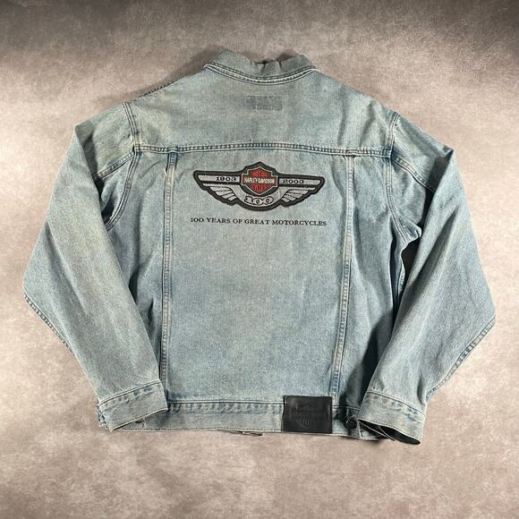 Vintage Harley Davidson Motorcycles Embroidered Light Wash Denim Trucker Jacket - Picture 2 of 7